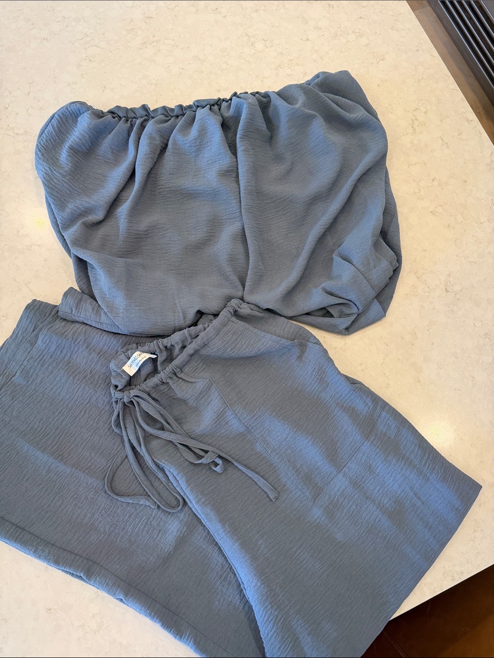 Smocked Bandeau & Drawstring Short Set - Slate Blue